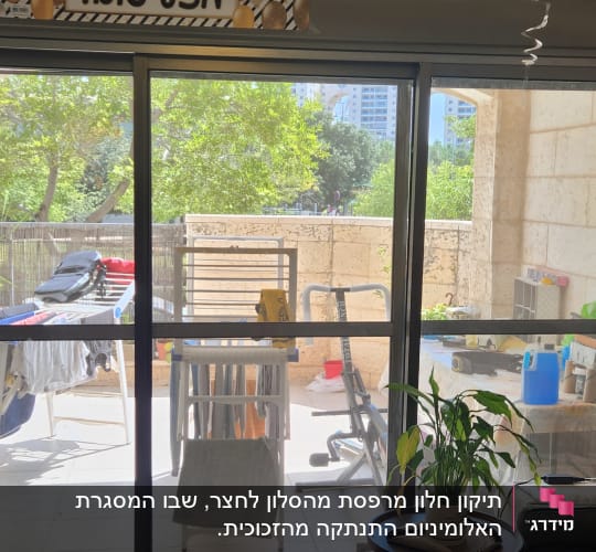 מרפסת עם דלת זכוכית, צמחים וכביסה תלויה